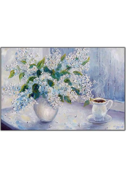 Mavi ve Beyaz Yapraklı Çiçek ve Kahve Yoğun Yağlı Boya Dokulu Tablo