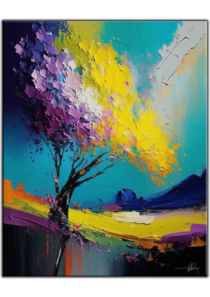 Mor ve Sarı Renkli Çiçek Yoğun Yağlı Boya Dokulu Tablo