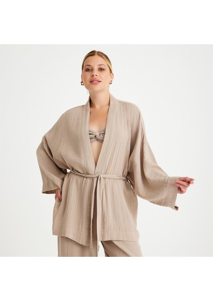 %100 Pamuklu Dokuma Beli Kuşaklı Mini Kadın Kimono Kaftan