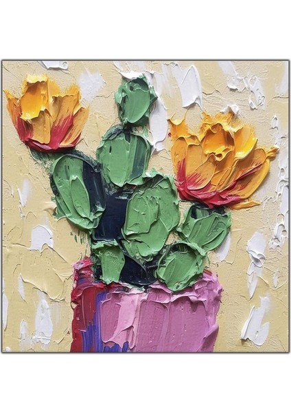 Pembe Saksıdaki Çiçek Açan Kaktüs Yağlı Boya Dokulu Tablo