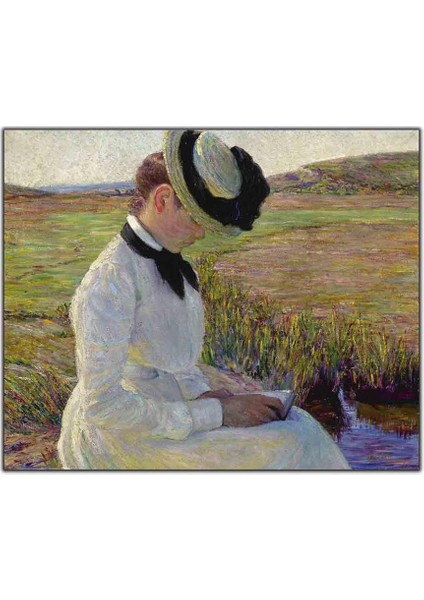 Beyaz Elbiseli ve Şapkalı Kitap Okuyan Kadın Yağlı Boya Dokulu Tablo