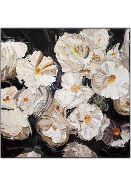 Beyaz Çiçekler Yoğun Yağlı Boya Dokulu Tablo