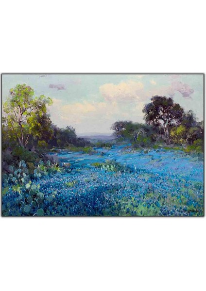 Mavi Çiçek Tarlası Yağlı Boya Dokulu Tablo