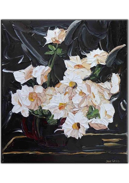 Beyaz Papatyalar Yağlı Boya Dokulu Tablo