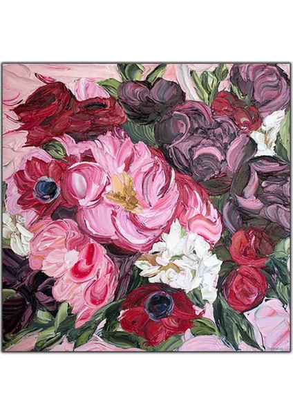Pembe Kırmızı ve Mor Çiçekler Yağlı Boya Dokulu Tablo