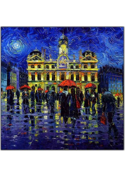 Ay Işığının Altında Yürüyen Kırmızı Şemsiyeli Insanlar Yağlı Boya Dokulu Tablo