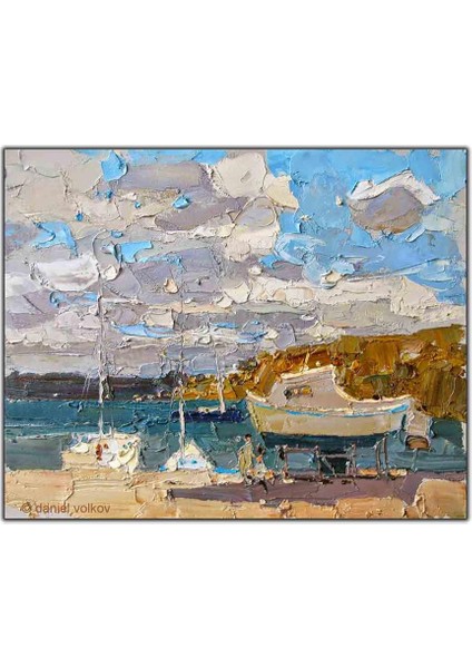 Kıyıdaki Tekneler Yağlı Boya Dokulu Tablo