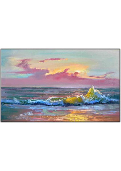 Pembe Bulutların Altındaki Dalgalı Deniz Yağlı Boya Dokulu Tablo