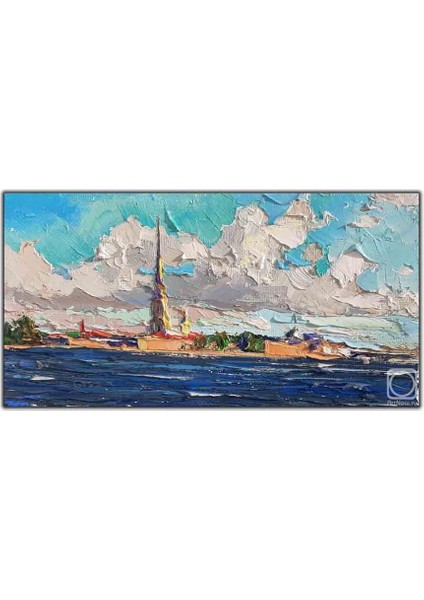 Beyaz Bulutların Altındaki Şehir Yağlı Boya Dokulu Tablo