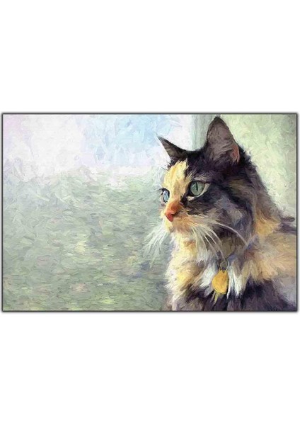 Yeşil Gözlü Calico Kedi Yağlı Boya Dokulu Tablo