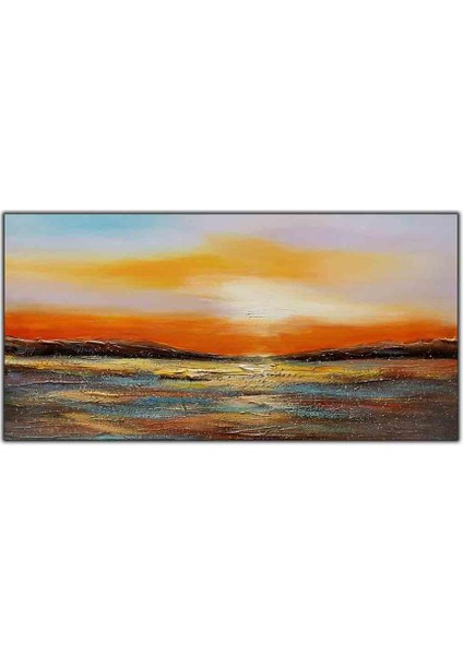 Denize Yansıyan Kırmızı Gökyüzü Yağlı Boya Dokulu Tablo