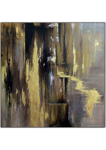 Soyut Siyah Gri ve Altın Desenler Yağlı Boya Dokulu Tablo