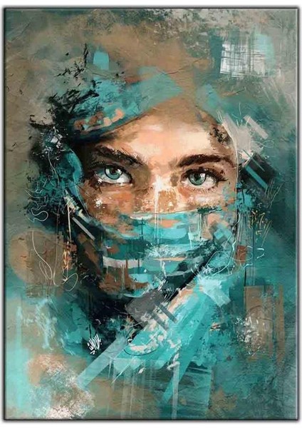 Mavi Peçeli Mavi Gözlü Kız Yağlı Boya Dokulu Tablo