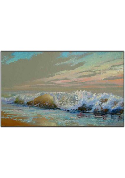 Kumsala Vuran Büyük Dalgalar Yağlı Boya Dokulu Tablo