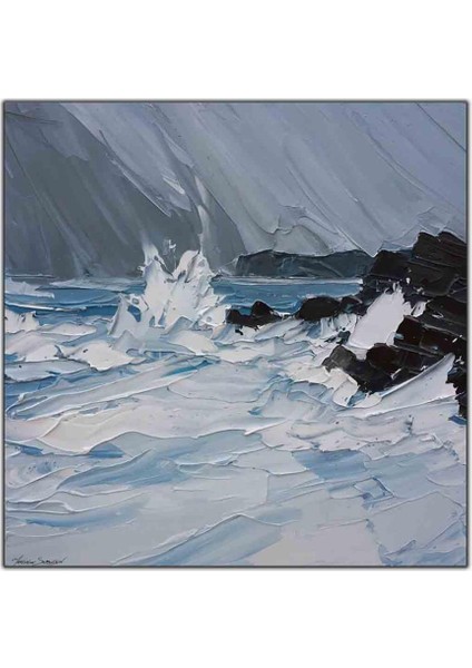 Kayalara Çarpan Dalgalar Yağlı Boya Dokulu Tablo