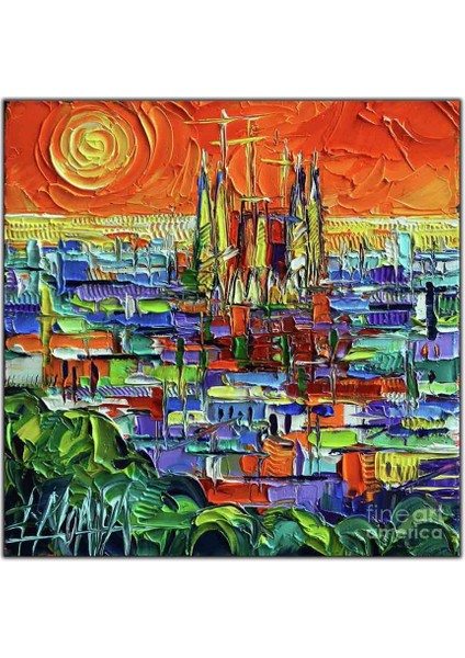 Turuncu Gökyüzü ve Evler Yğlı Boya Dokulu Tablo