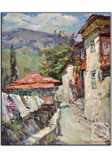 Taş Evlerin Arasındaki Köy Yolları Yağlı Boya Dokulu Tablo