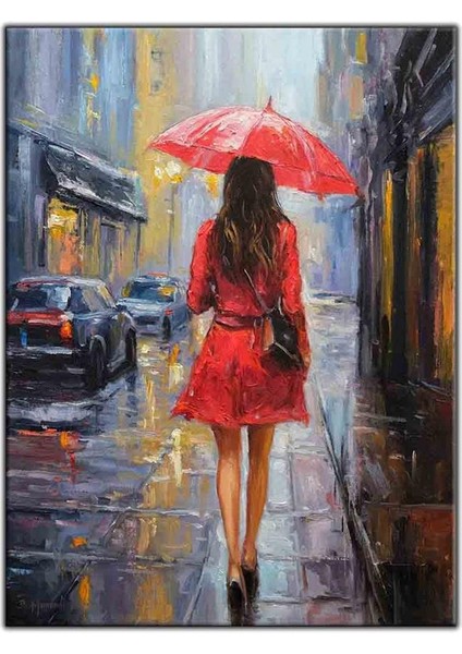 Sokakta Yürüyen Kırmızı Şemsiyeli Kadın Yağlı Boya Dokulu Tablo