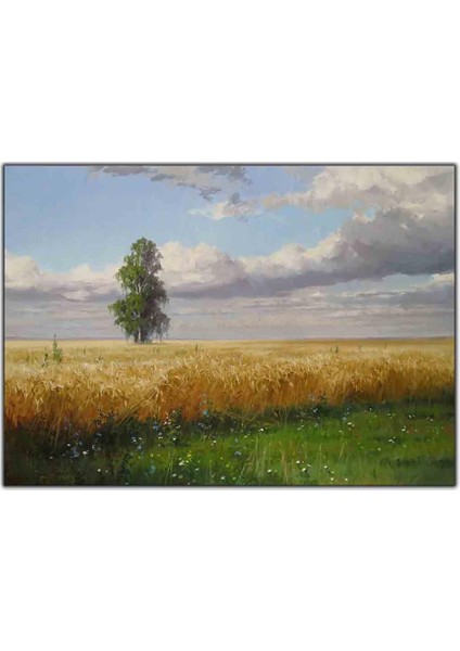 Büyük Yeşil Yapraklı Ağaç ve Buğdaylar Yağlı Boya Dokulu Tablo