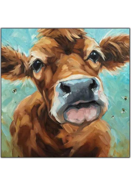 Dil Çıkaran Buzak ve Arılar Yağlı Boya Dokulu Tablo