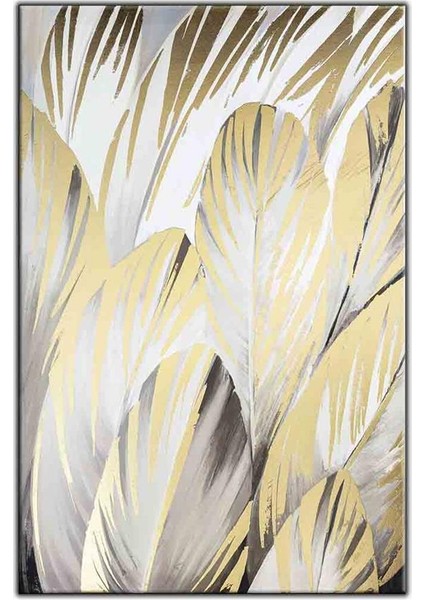 Altın Varaklı Yapraklar Yağlı Boya Dokulu Tablo