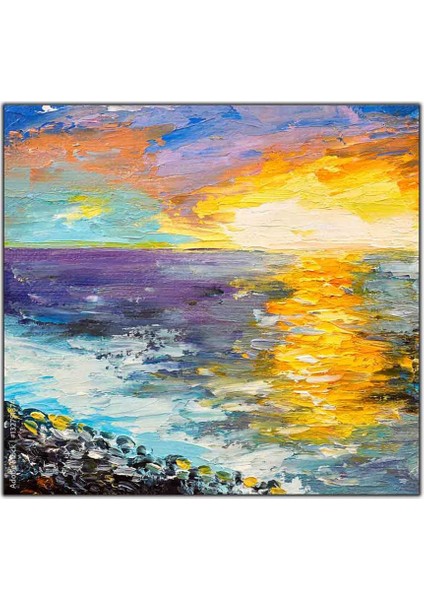 Sarı Yansımalı Mavi Deniz ve Gökyüzü Yağlı Boya Dokulu Tablo