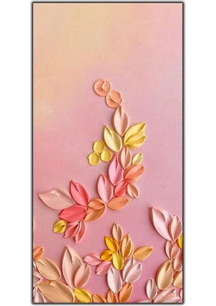 Sarı Pembe ve Turuncu Yapraklar Yağlı Boya Dokulu Tablo