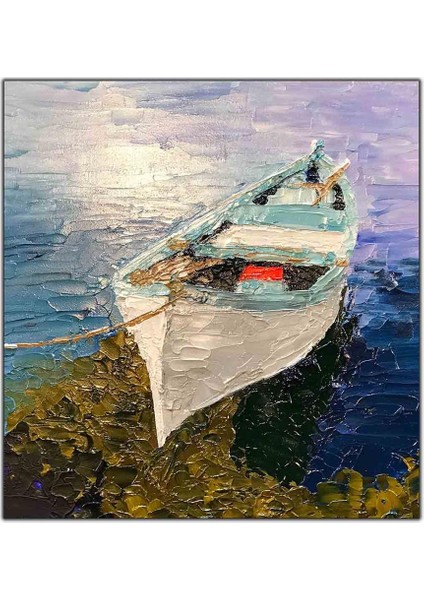Kıyıya Bağlanmış Beyaz Tekne Yağlı Boya Dokulu Tablo