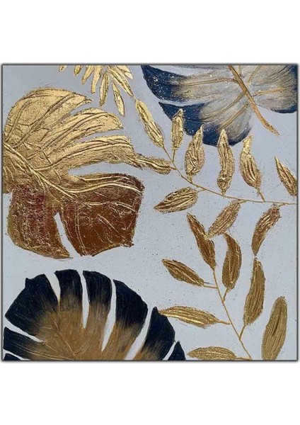 Altın Varaklı Lacivert Yapraklar Yağlı Boya Dokulu Tablo