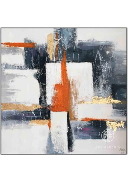 Sarı Lacivert ve Turuncu Çizgiler Yağlı Boya Dokulu Tablo