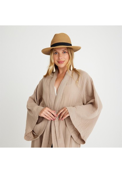 %100 Pamuklu Dokuma Beli Kuşaklı Maxi Kadın Kimono Kaftan