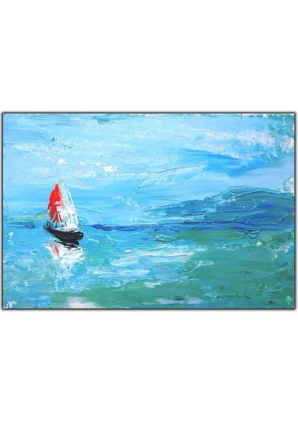Açık Denizdeki Kırmızı ve Beyaz Renkli Yenkenli Gemi Yağlı Boya Dokulu Tablo