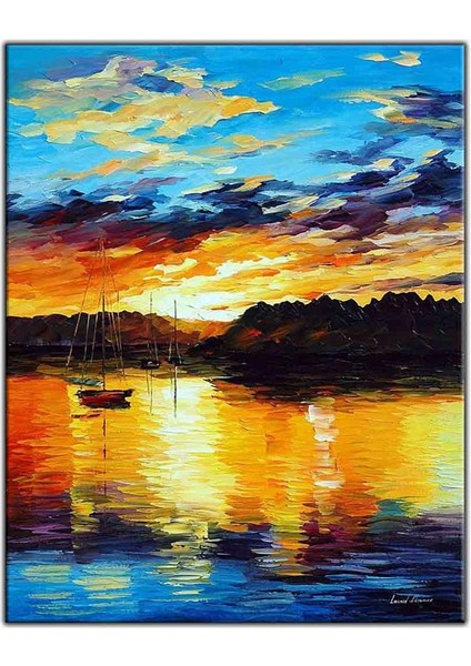Günbatımında Deniz ve Yelkenli Yağlı Boya Dokulu Tablo