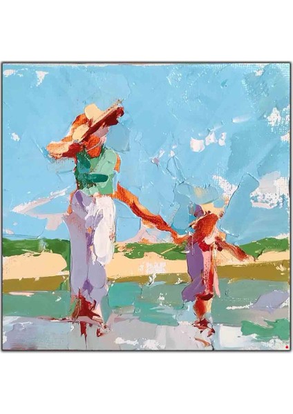 Sahilde Yürüyen Kadın ve Kızı Yağlı Boya Dokulu Tablo