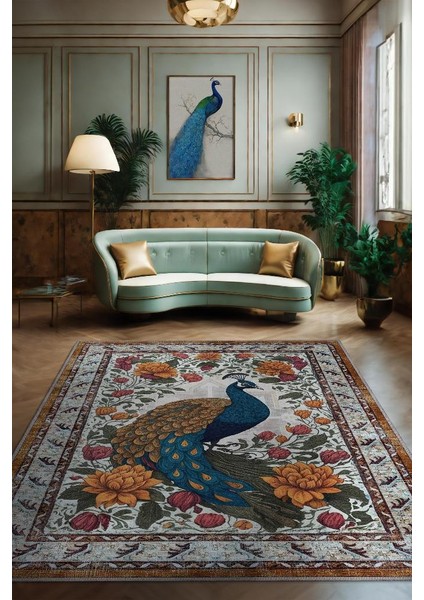 Nuh'un Gemisi Koleksiyonu Tavus Kuşu, Çiçek Desenli Art Deco Tarzı Vintage Halı,Çok Renkli Maksimalist Halı