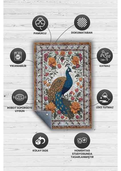 Nuh'un Gemisi Koleksiyonu Tavus Kuşu, Çiçek Desenli Art Deco Tarzı Vintage Halı,Çok Renkli Maksimalist Halı fırsatları