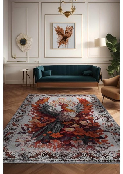 Nuh'un Gemisi Koleksiyonu Anka Kuşu, Çiçek Desenli Art Deco Tarzı Vintage Halı,Çok Renkli Maksimalist Halı