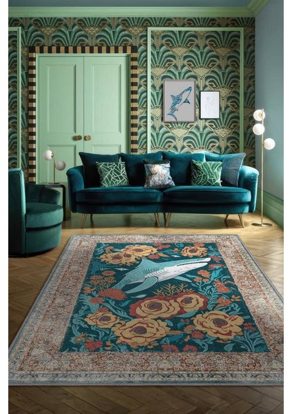 Nuh'un Gemisi Koleksiyonu Köpek Balığı, Çiçek Desenli Art Deco Tarzı Vintage Halı,Çok Renkli Maksimalist Halı