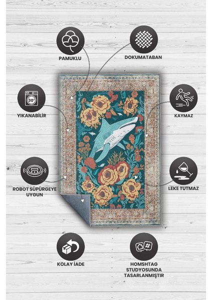 Nuh'un Gemisi Koleksiyonu Köpek Balığı, Çiçek Desenli Art Deco Tarzı Vintage Halı,Çok Renkli Maksimalist Halı