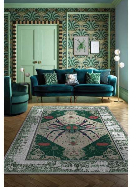 Nuh'un Gemisi Koleksiyonu Örümcek, Çiçek Desenli Art Deco Tarzı Vintage Halı,Çok Renkli Maksimalist Halı