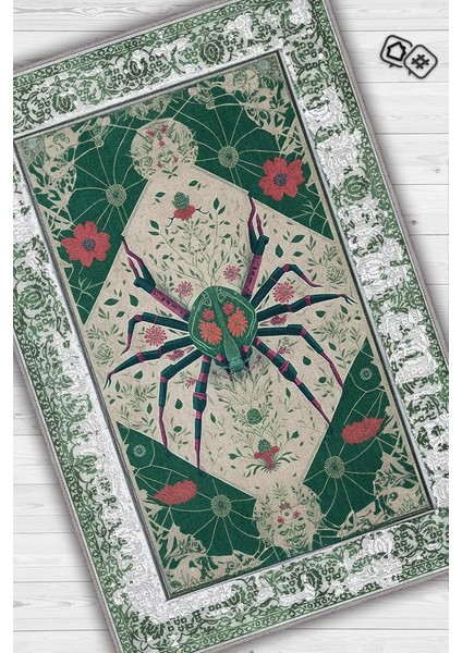 Nuh'un Gemisi Koleksiyonu Örümcek, Çiçek Desenli Art Deco Tarzı Vintage Halı,Çok Renkli Maksimalist Halı