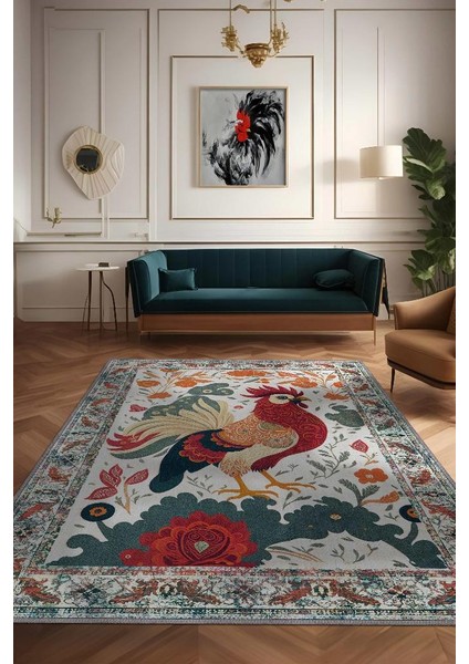 Nuh'un Gemisi Koleksiyonu Horoz, Çiçek Desenli Art Deco Tarzı Vintage Halı,Çok Renkli Maksimalist Halı