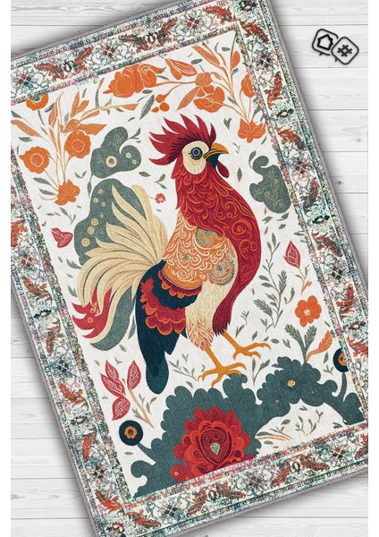 Nuh'un Gemisi Koleksiyonu Horoz, Çiçek Desenli Art Deco Tarzı Vintage Halı,Çok Renkli Maksimalist Halı