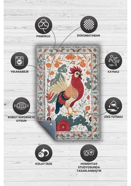 Nuh'un Gemisi Koleksiyonu Horoz, Çiçek Desenli Art Deco Tarzı Vintage Halı,Çok Renkli Maksimalist Halı