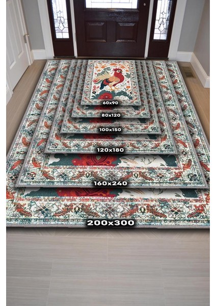 Nuh'un Gemisi Koleksiyonu Horoz, Çiçek Desenli Art Deco Tarzı Vintage Halı,Çok Renkli Maksimalist Halı
