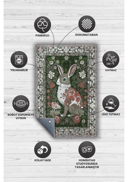 Nuh'un Gemisi Koleksiyonu Tavşan, Çiçek Desenli Art Deco Tarzı Vintage Halı,Çok Renkli Maksimalist Halı
