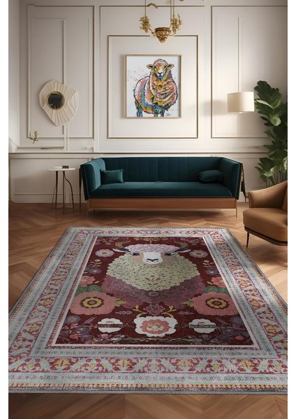 Nuh'un Gemisi Koleksiyonu Koyun, Çiçek Desenli Art Deco Tarzı Vintage Halı,Çok Renkli Maksimalist Halı
