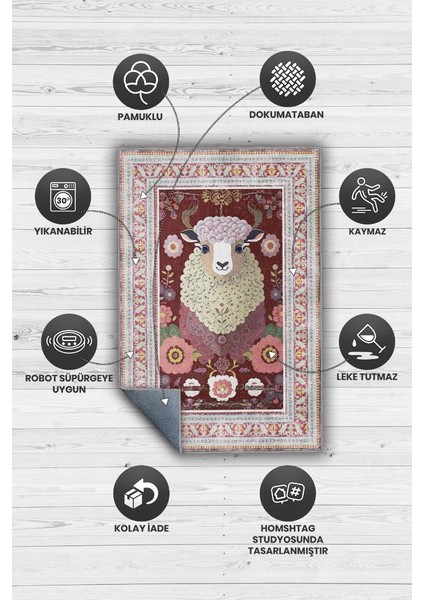 Nuh'un Gemisi Koleksiyonu Koyun, Çiçek Desenli Art Deco Tarzı Vintage Halı,Çok Renkli Maksimalist Halı