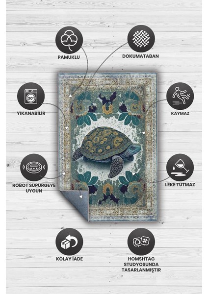 Nuh'un Gemisi Koleksiyonu Kaplumbağa Çiçek Desenli Art Deco Tarzı Vintage Halı,Çok Renkli Maksimalist Halı