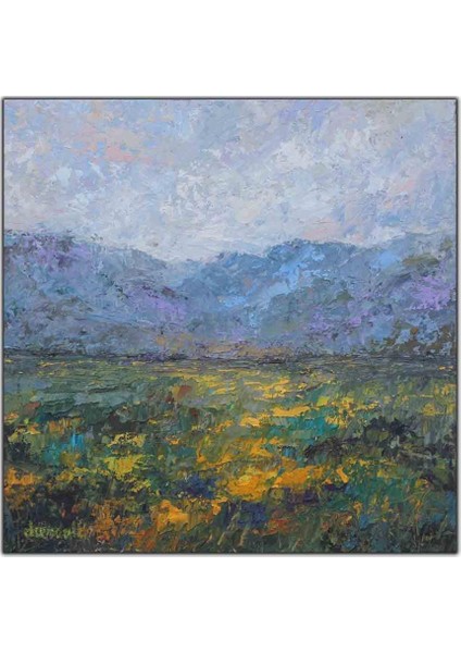 Kır Çiçekleri ve Dağ Manzarası Yağlı Boya Dokulu Tablo